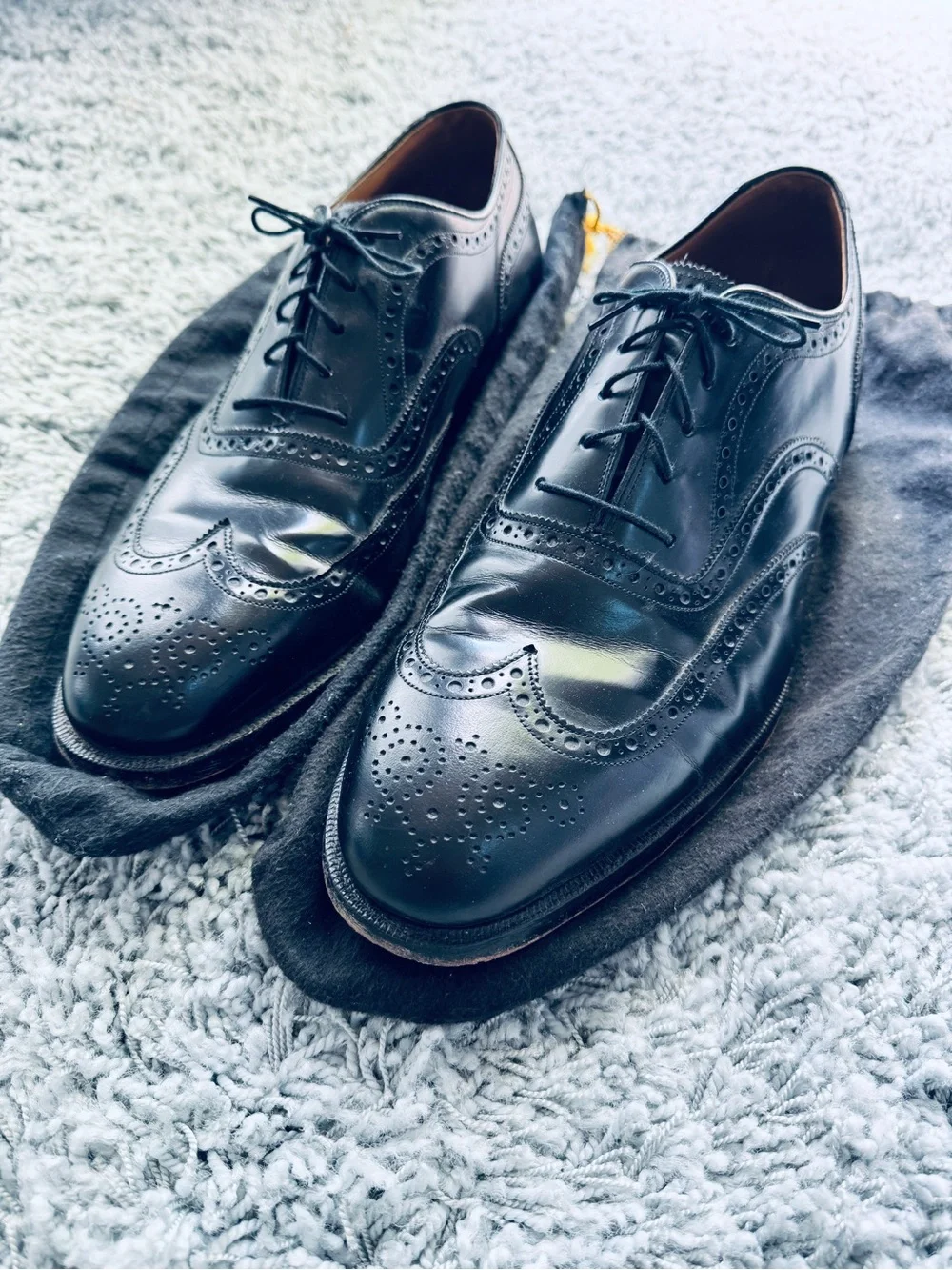 American Hand Made Johnston & Murphy Black Leather Wingtip Oxfords Shoes 14 USA - Picture 1 of 5